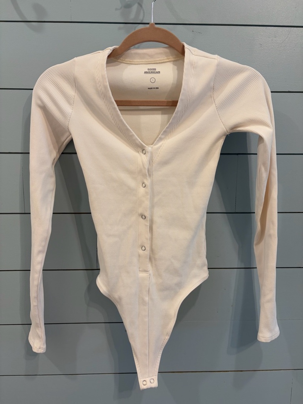 Good American Henley Snap Cream Ribbed Long Sleeve Bodysuit